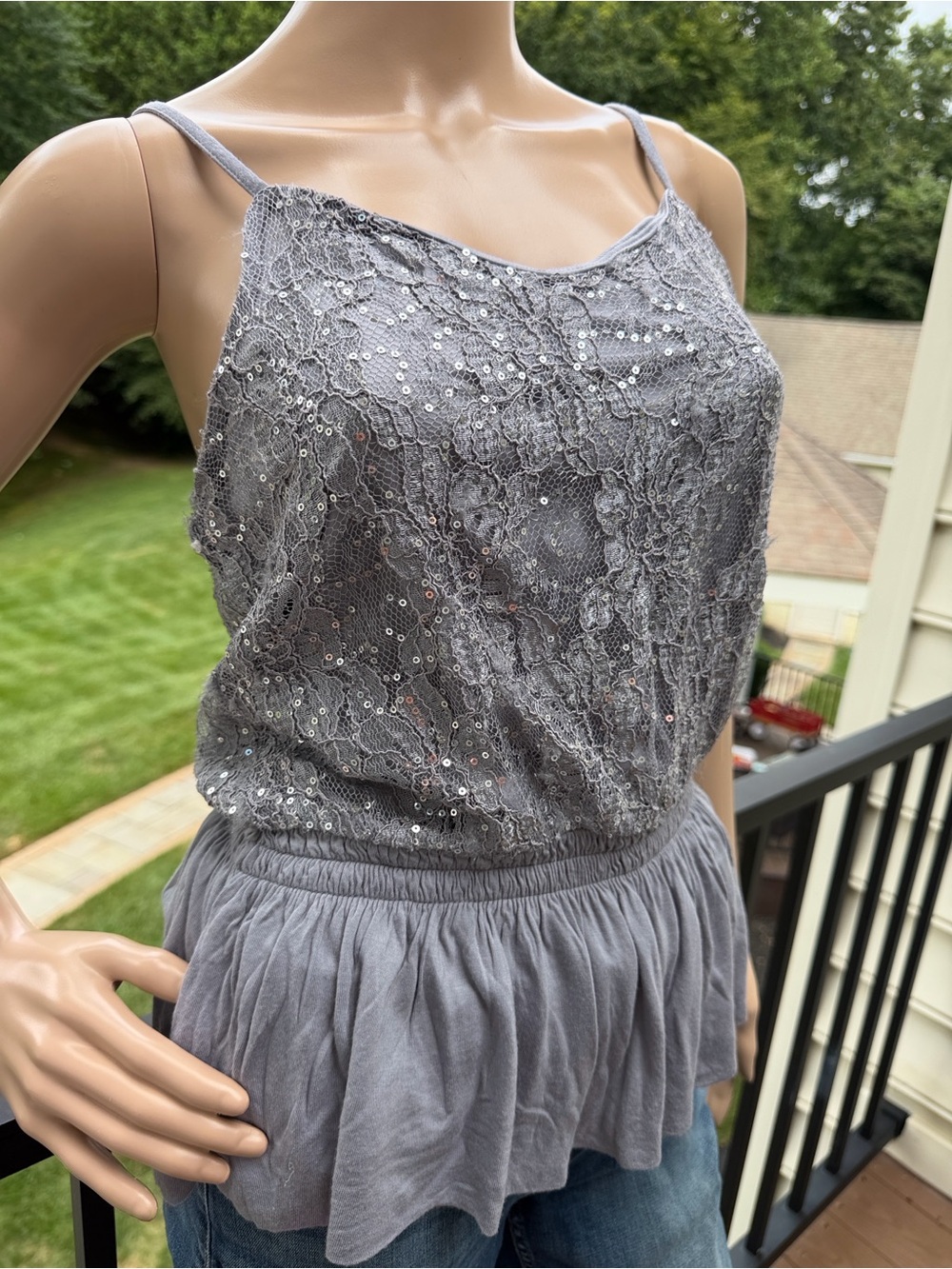 Express Gray Lace & Sequin Peplum Tank Top